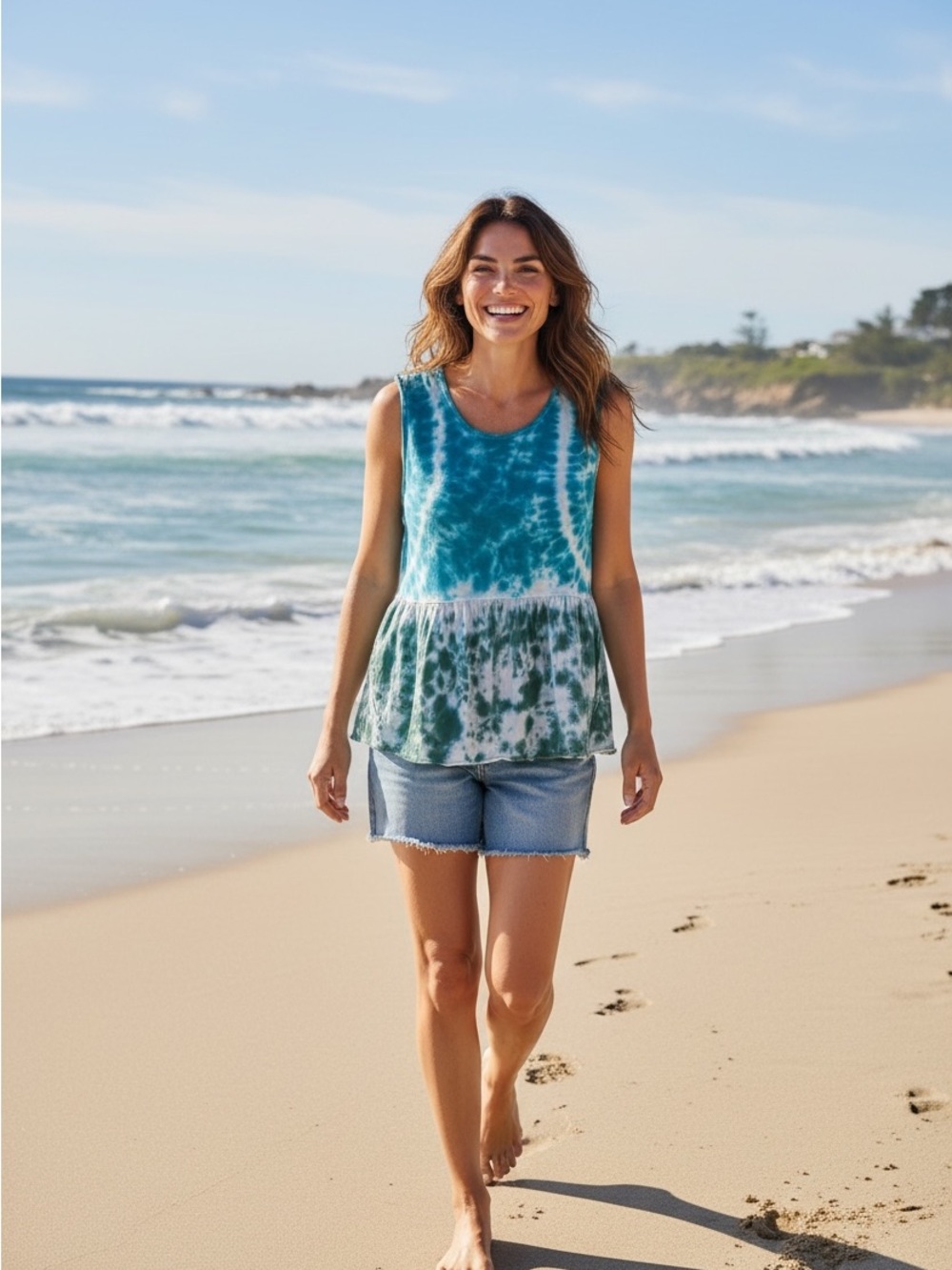We The Free, 100% Cotton,Tie-Dye Peplum Tank Top in Aqua and Teal